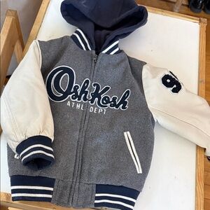 OshKosh B'gosh Gray & Navy Hooded Varsity Jacket with Cream Sleeves